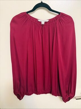 100% Silk DVF Dark Pink Long-Sleeve Pleated Blouse - Women's Top